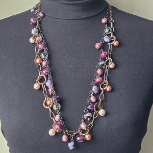 Art Glass Beads Double Strand Necklace, Floral Pink Purple Coppertone & Gunmetal